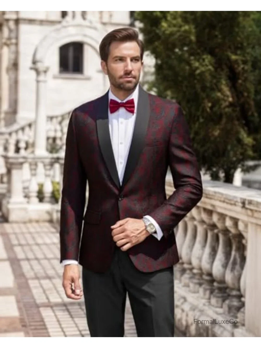 Paisley Tuxedo Jacket One Button Shawl Collar Formal Blazer with Bow Tie